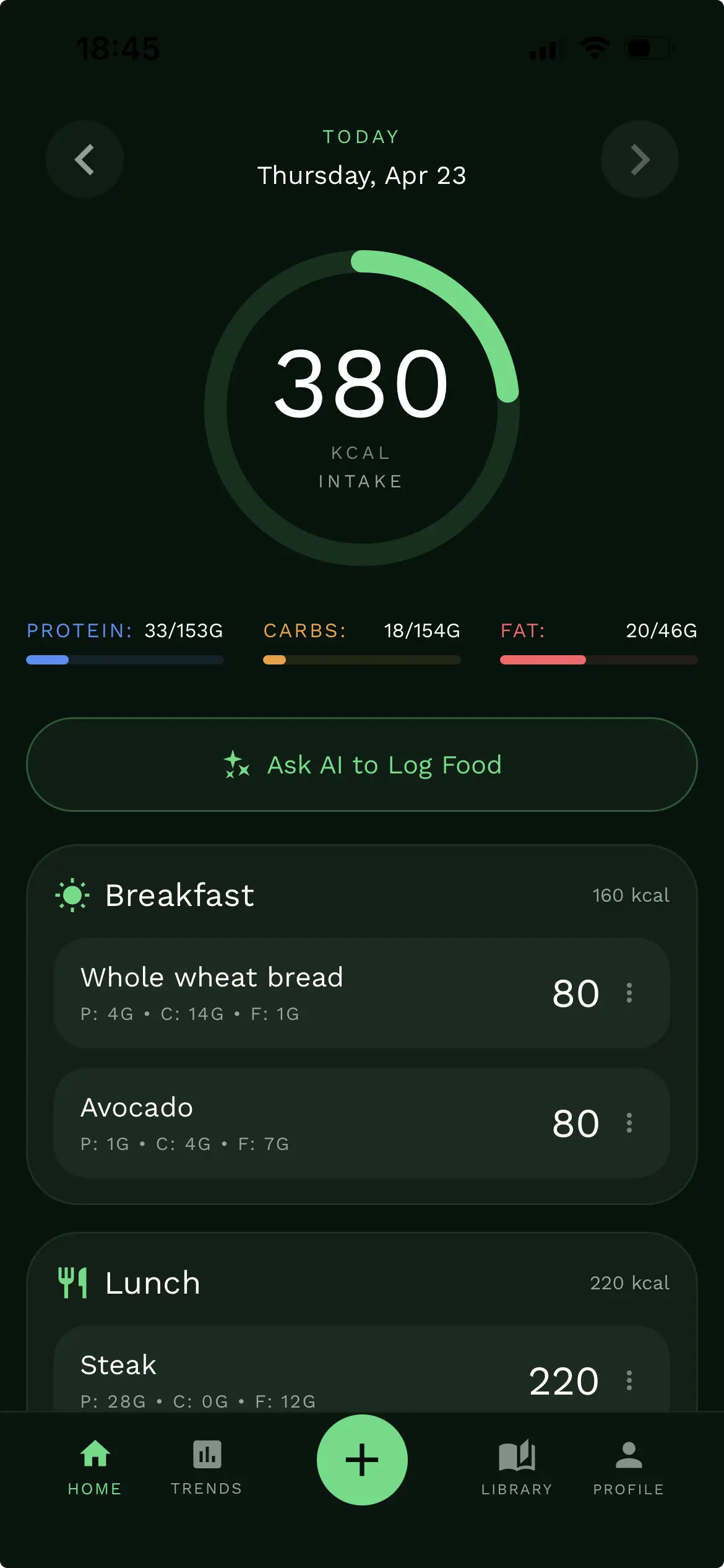 CaloriFit app home screen